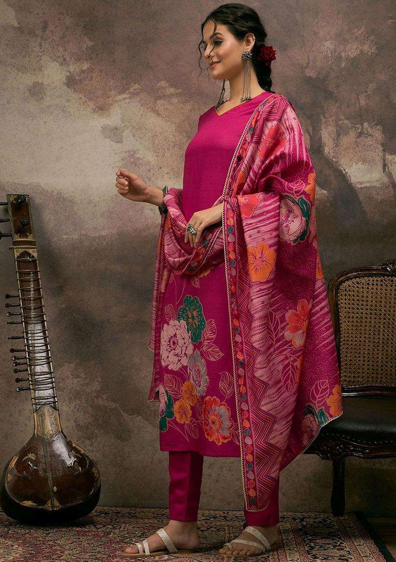 Fuchsia Printed Silk Blend Kurta Set - Indya