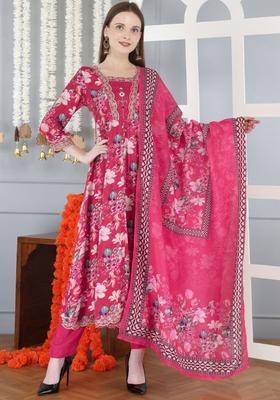 Red Printed Cotton Anarkali Set