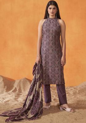 Purple Printed Viscose Kurta Set