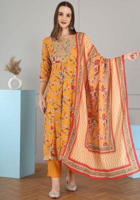 Orange Printed Cotton Anarkali Set