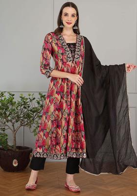 Black Printed Silk Blend Kurta Set