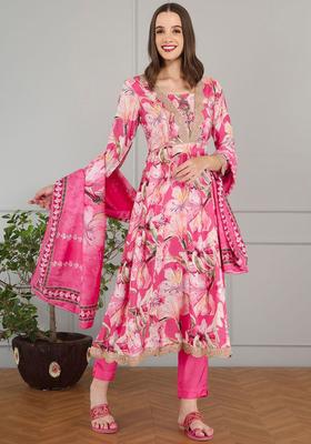Pink Printed Cotton Anarkali Set