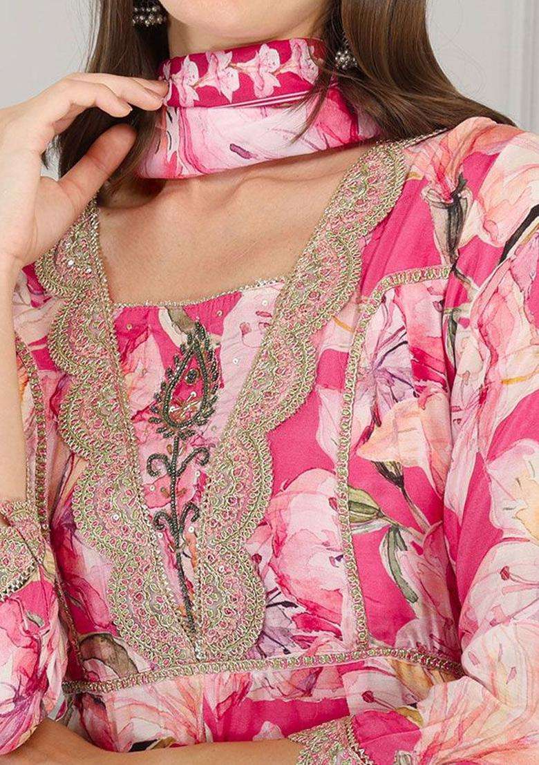Pink Printed Cotton Anarkali Set - Indya