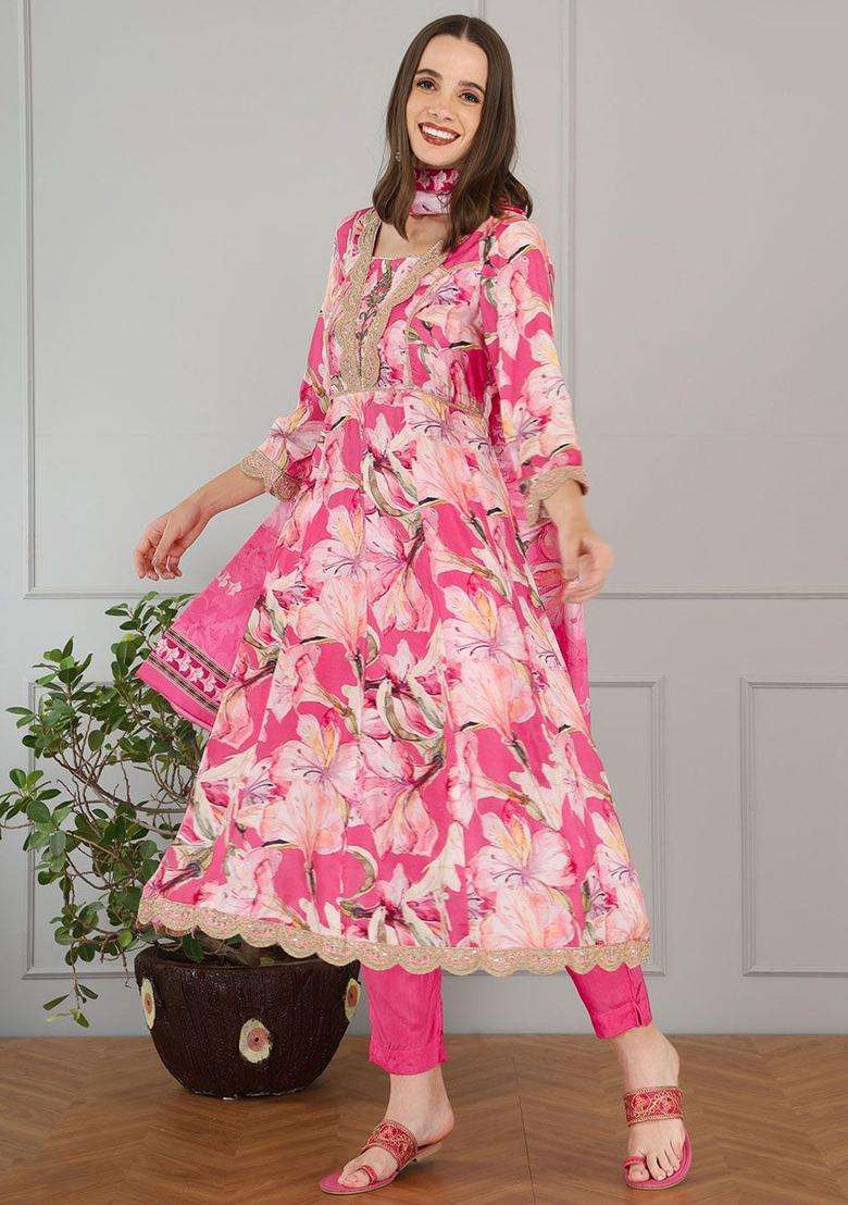 Pink Printed Cotton Anarkali Set - Indya