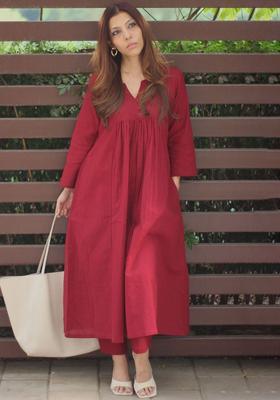 Red Solid Viscose Kurta Set