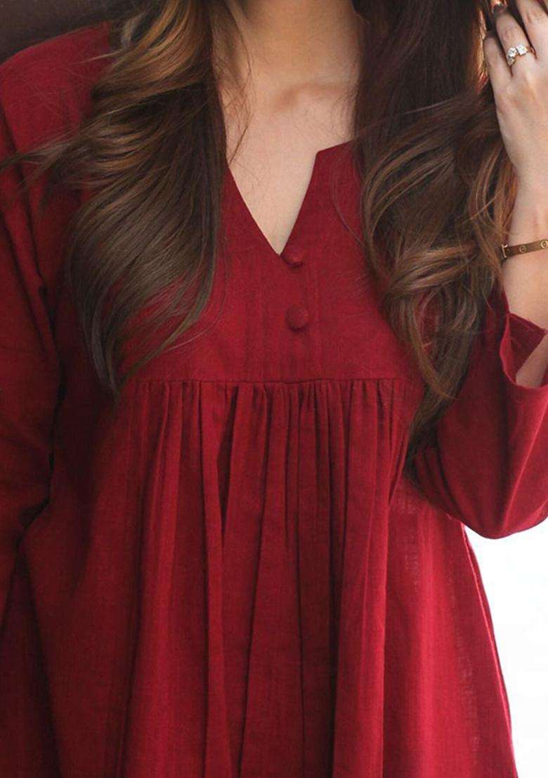 Red Solid Viscose Kurta Set - Indya