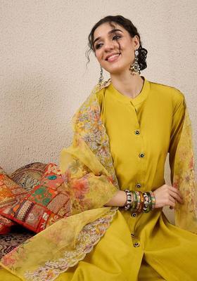 Yellow Solid Silk Kurta Set