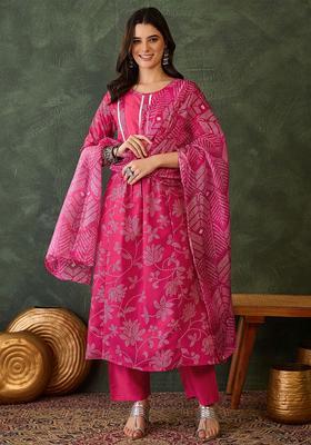 Pink Printed Viscose Kurta Set