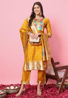 Yellow Woven Design Silk Blend Kurta Set