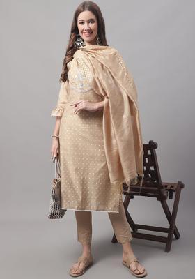 Brown Embroidered Silk Blend Kurta Set