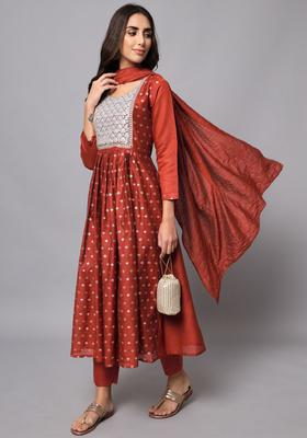 Maroon Woven Design Silk Blend Kurta Set