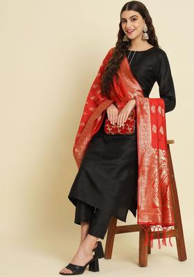 Black Solid Silk Blend Kurta Set