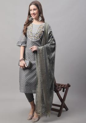 Grey Embroidered Silk Kurta Set