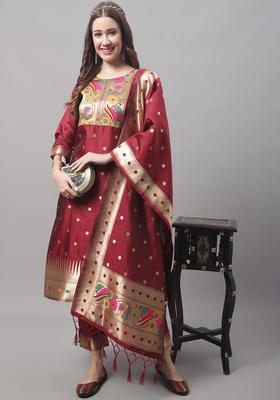 Maroon Woven Design Silk Blend Kurta Set