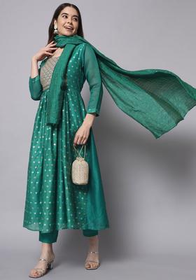 Green Woven Design Silk Blend Kurta Set