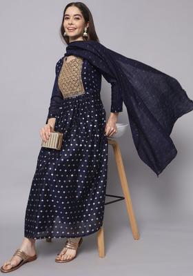 Navy Blue Embroidered Silk Kurta Set