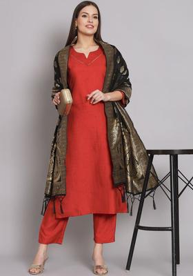 Red Solid Silk Blend Kurta Set