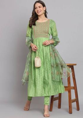 Green Printed Silk Kurta Set
