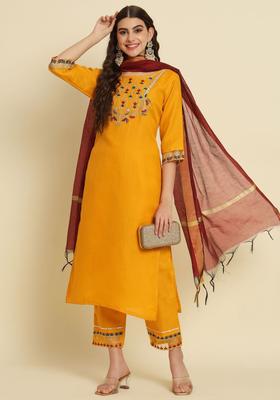 Yellow Woven Design Cotton Kurta Set