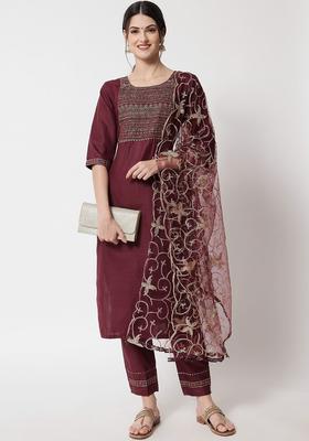 Brown Yoke Design Cotton Kurta Set