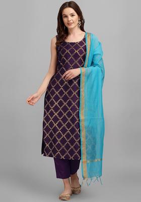 Purple Woven Design Silk Blend Kurta Set