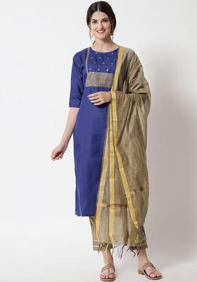 Navy Blue Printed Cotton Kurta Set
