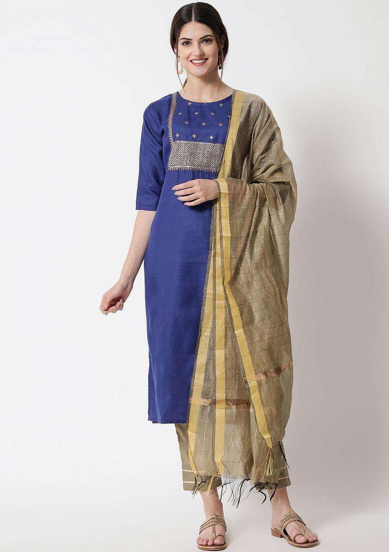 Navy Blue Printed Cotton Kurta Set - Indya