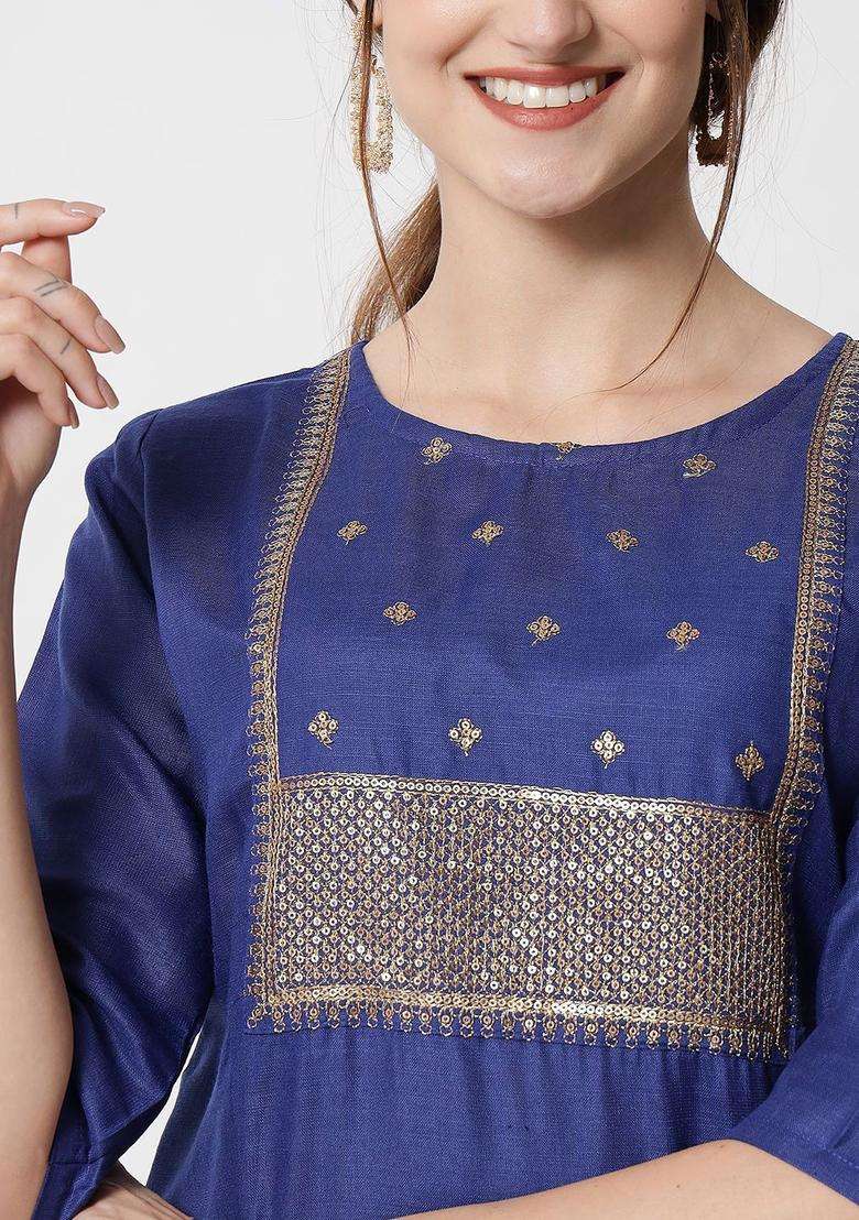 Navy Blue Printed Cotton Kurta Set - Indya
