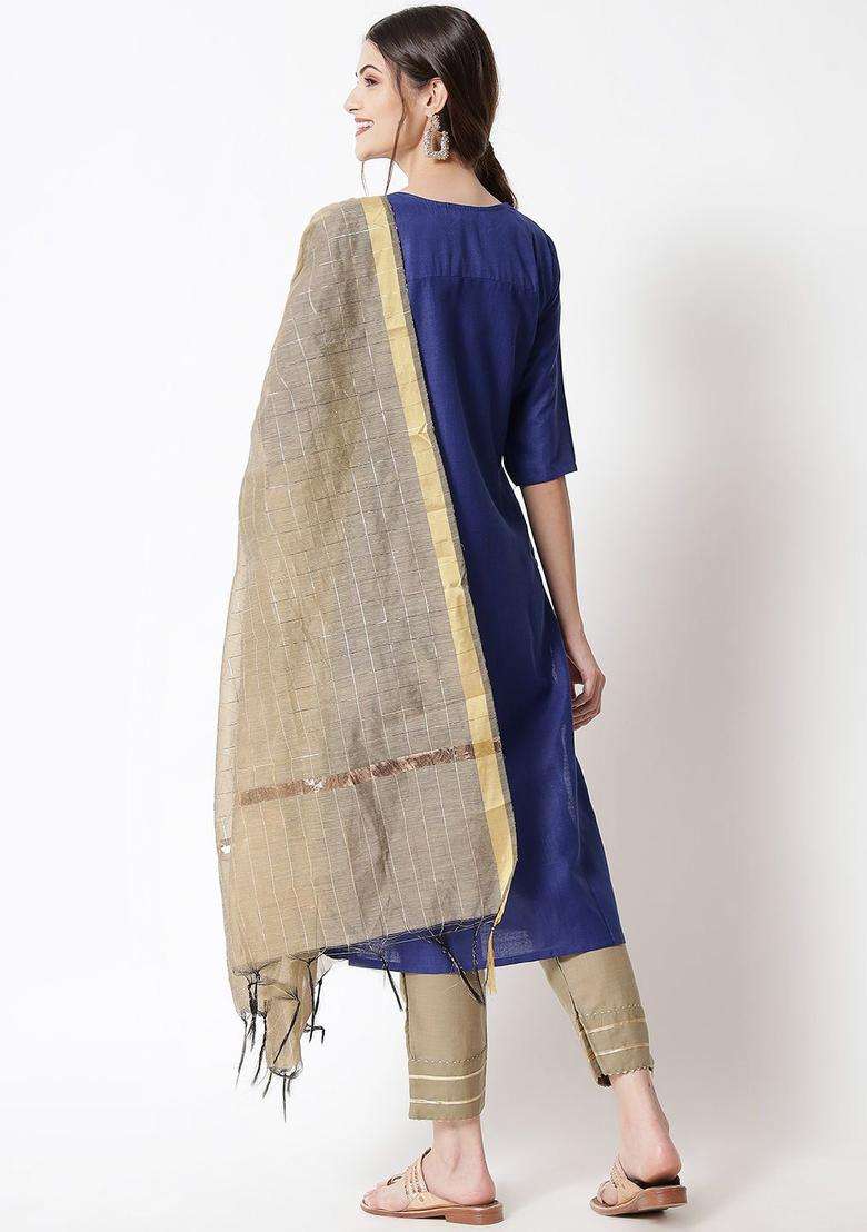 Navy Blue Printed Cotton Kurta Set - Indya