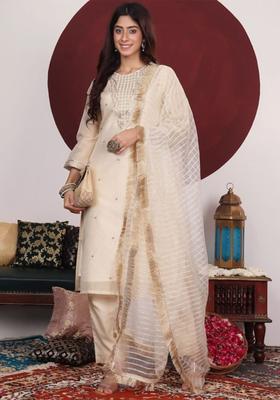 Cream Woven Design Silk Blend Kurta Set