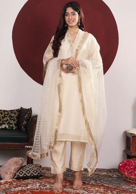 Cream Embroidered Silk Blend Kurta Set