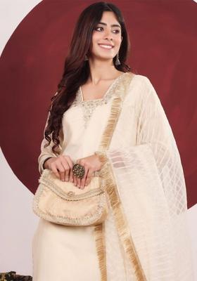 Off White Embroidered Silk Blend Kurta Set
