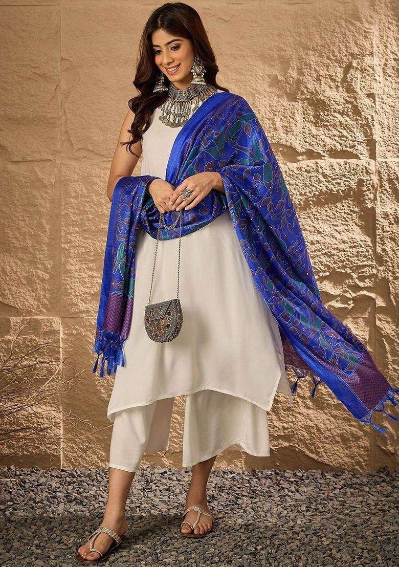 White Solid Viscose Kurta Set - Indya