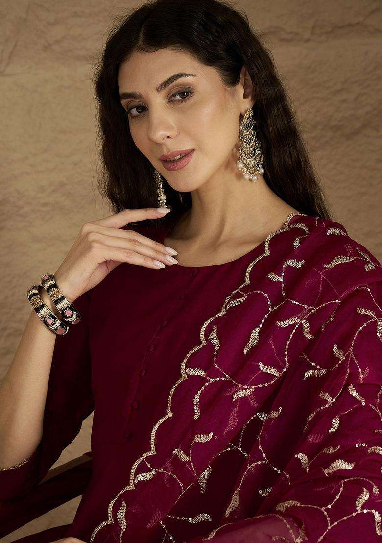 Maroon Solid Silk Blend Kurta Set - Indya