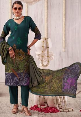 Green Printed Silk Kurta Set