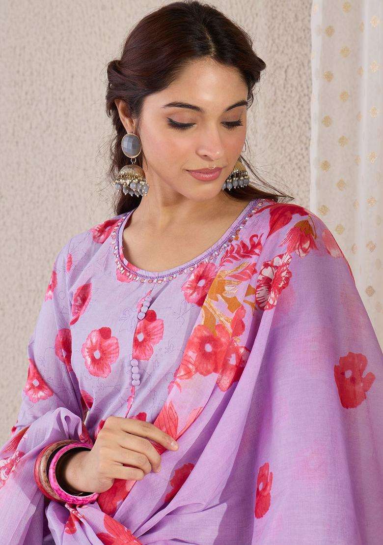 Lavender Printed Cotton Kurta Set - Indya