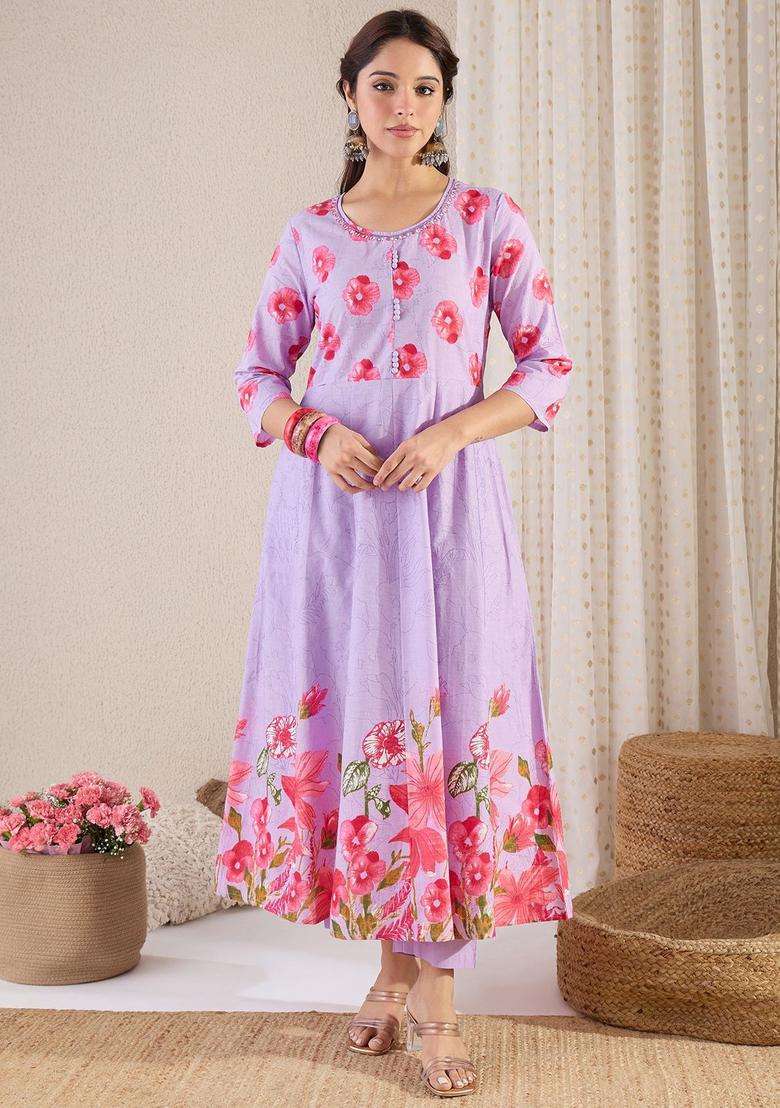 Lavender Printed Cotton Kurta Set - Indya