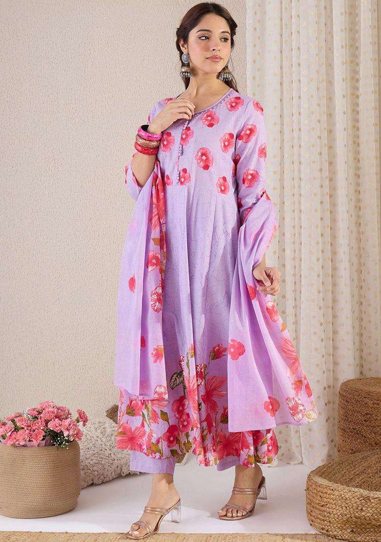 Lavender Printed Cotton Kurta Set - Indya