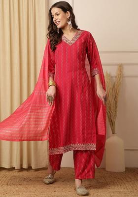 Red Printed Silk Kurta Set