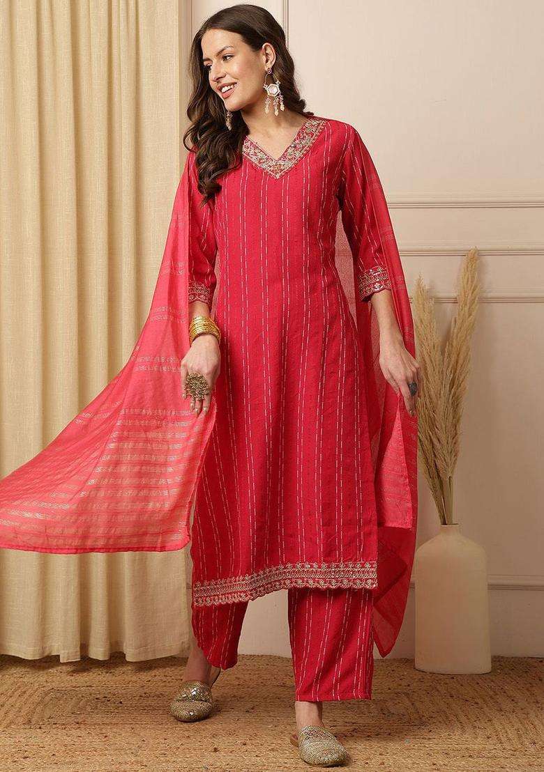 Red Printed Silk Blend Kurta Set - Indya