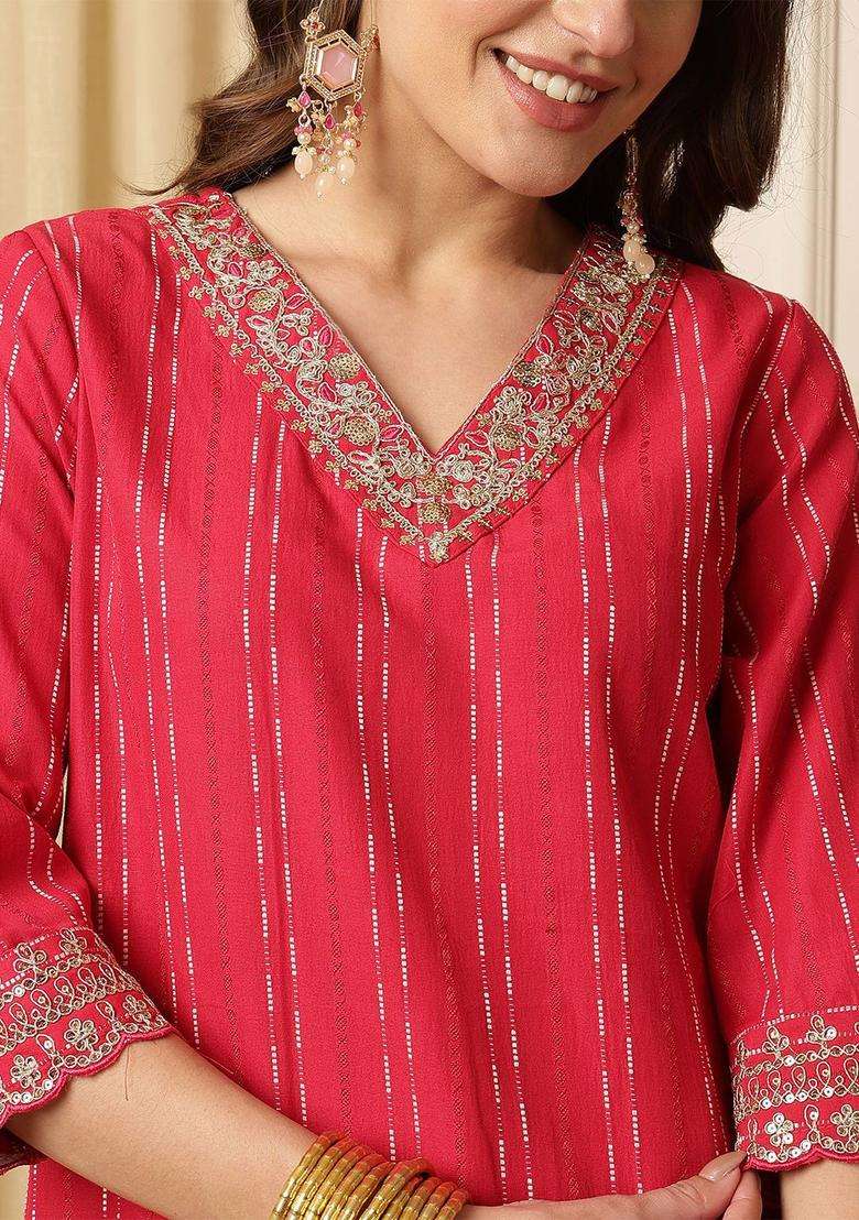 Red Printed Silk Blend Kurta Set - Indya