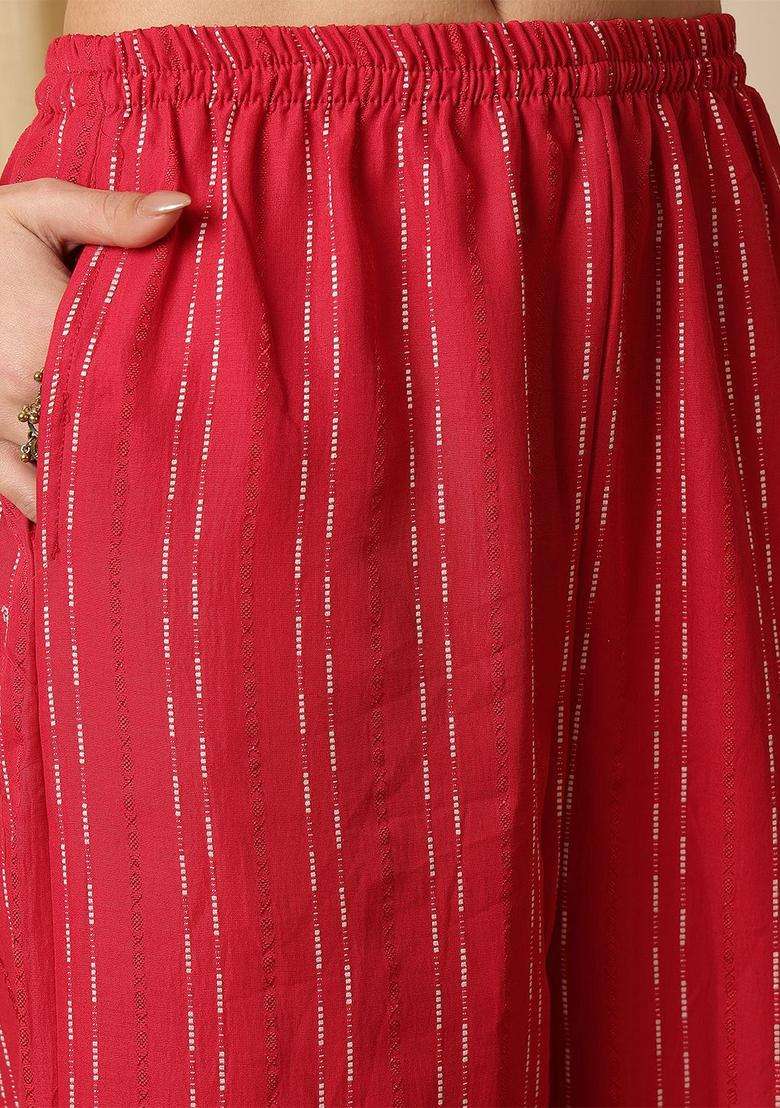Red Printed Silk Blend Kurta Set - Indya
