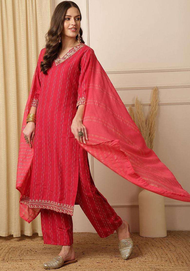 Red Printed Silk Blend Kurta Set - Indya