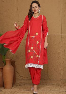 Red Embroidered Cotton Kurta Set