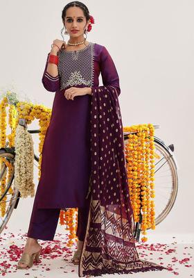 Purple Yoke Design Silk Blend Kurta Set