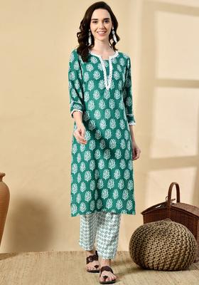 Green Printed Viscose Kurta Set