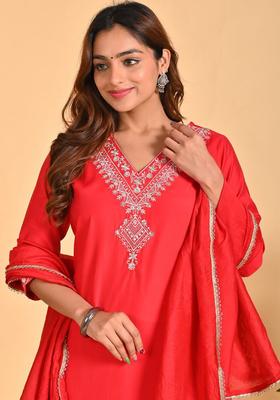 Red Embroidered Cotton Kurta Set