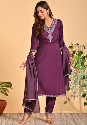 Purple Yoke Design Silk Blend Kurta Set