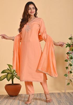 Peach Printed Cotton Kurta Set