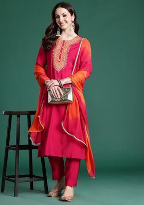 Magenta Embroidered Silk Kurta Set